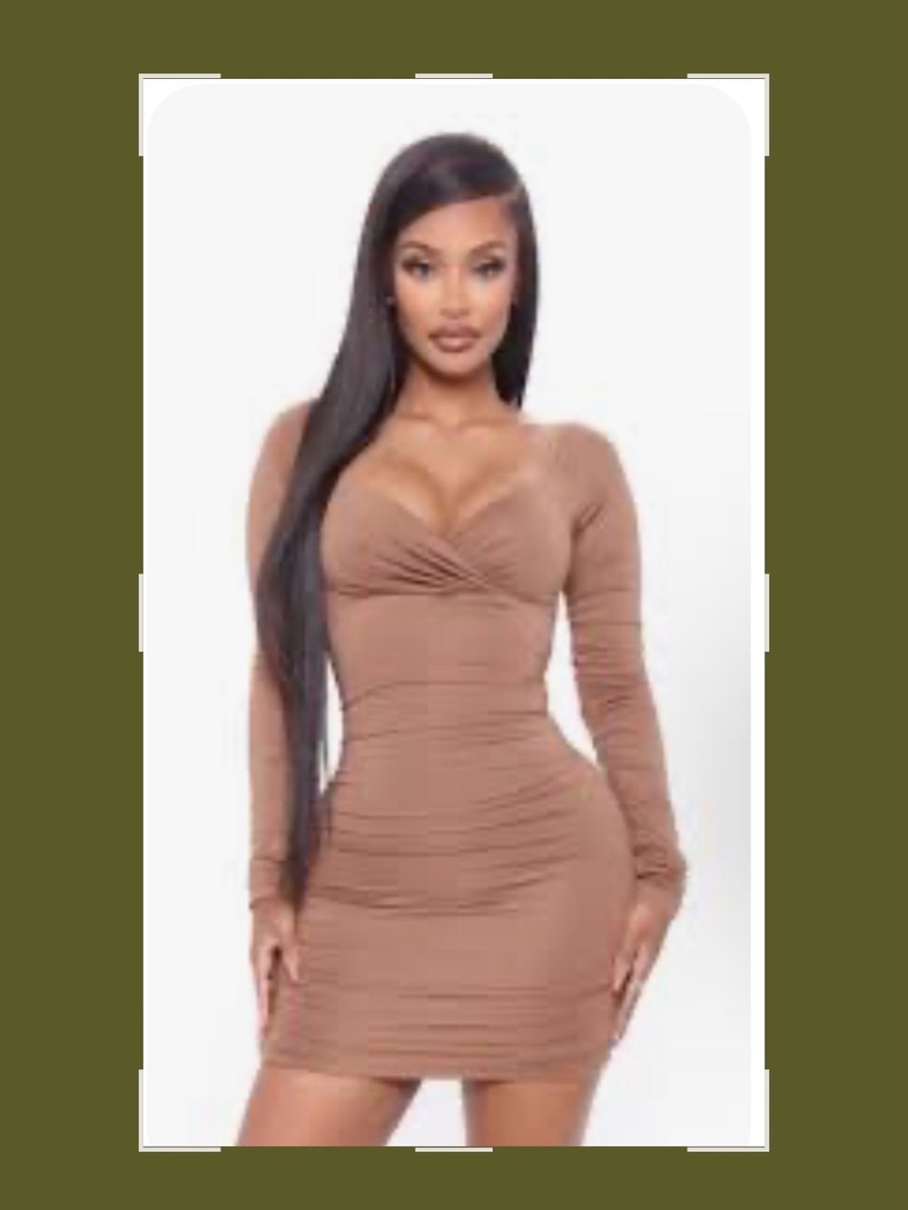 Ruched Twist-Front Long Sleeve Mini Dress in Brown